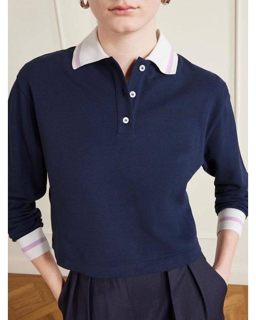 Marni Blue Striped Embroidered Cotton-Piqué Polo Shirt