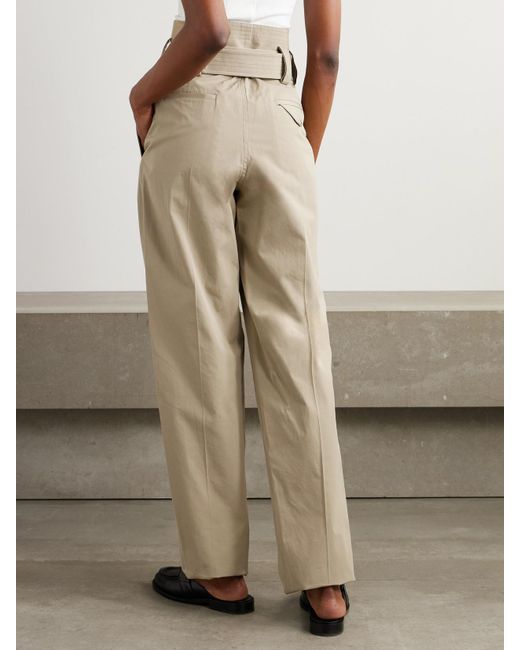 Bottega Veneta Natural Belted Pleated Cotton-Blend Straight-Leg Pants