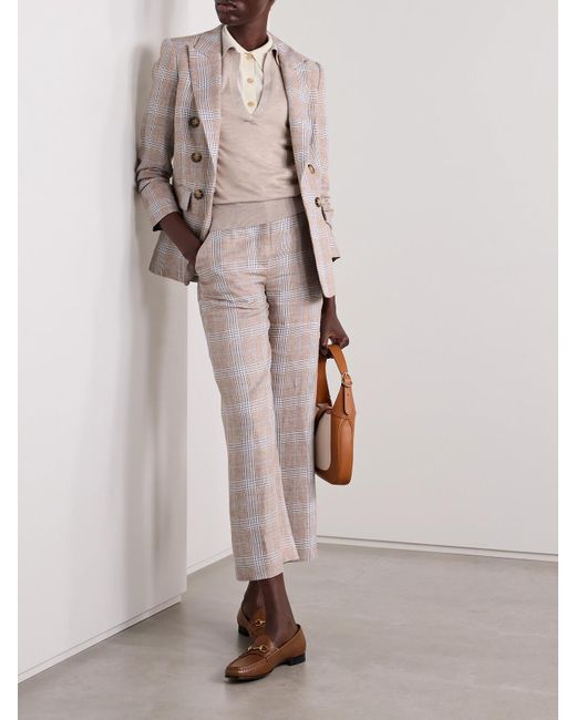 Veronica Beard White Brixton Cropped Checked Linen Wide-Leg Pants