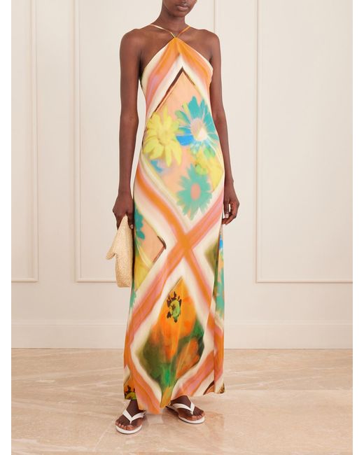 Staud White Cubism Striped Floral-Print Satin Maxi Dress