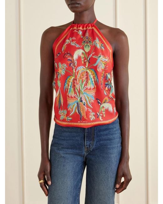 Etro Red Printed Silk-Satin Halterneck Top