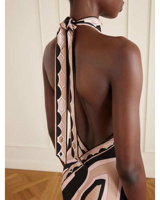 Emilio Pucci White Asymmetric Printed Silk-Twill Halterneck Dress