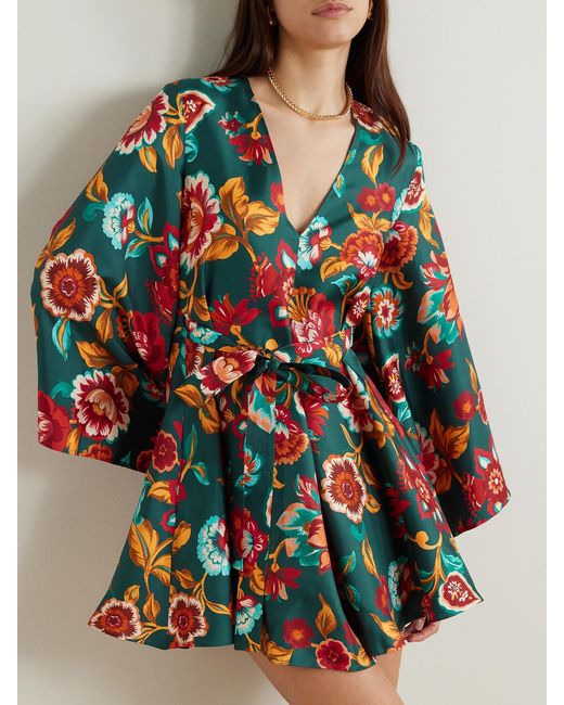 LaDoubleJ Multicolor Magnifico Belted Floral-Print Silk-Twill Mini Dress
