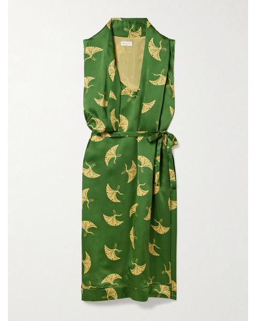 Dries Van Noten Green Draped Belted Printed Silk-Satin Midi Dress