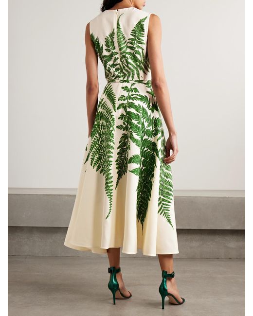 Oscar de la Renta Green Belted Printed Wool-Blend Crepe Midi Dress