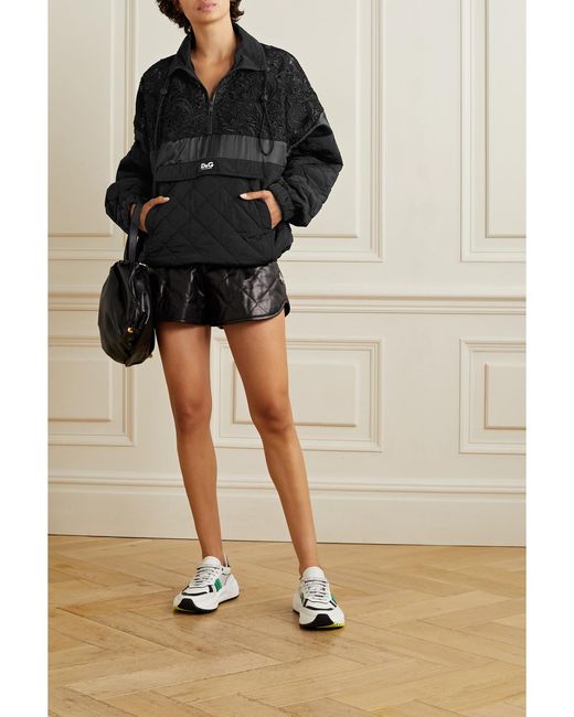 Dolce & Gabbana Black Quilted Nylon, Satin And Macramé Lace Half-Zip Sweatshirt