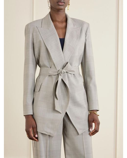 Max Mara White Belted Checked Wool Blazer