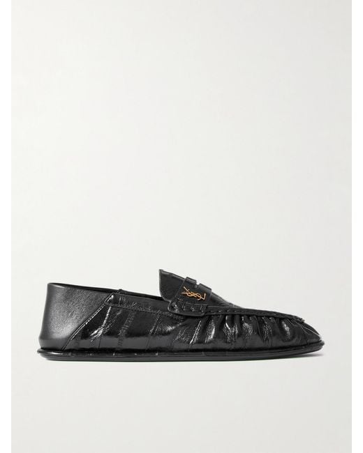 Saint Laurent White Le Loafer Embellished Collapsible-Heel Glossed-Eel Loafers