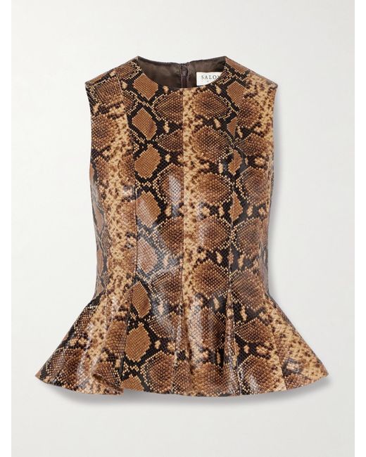 Salon 1884 Brown Izabel Paneled Snake-Effect Leather Peplum Top