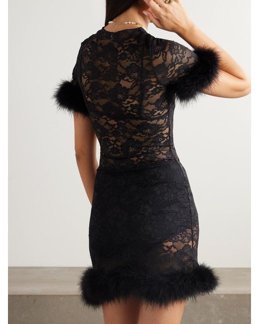 Oseree Black Feather-Trimmed Corded Lace Mini Dress