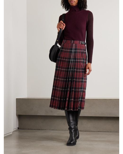 Burberry Red Buckled Pleated Checked Woven Midi Skirt