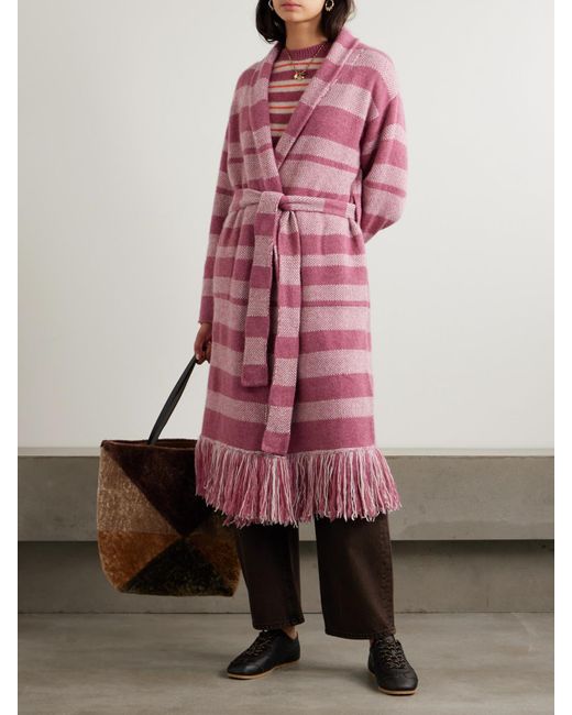 The Elder Statesman Pink Subway Belted Fringed Striped Cashmere Cardigan