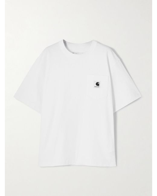 Sacai White Carhartt Wip Appliquéd Canvas-Trimmed Cotton-Jersey T-Shirt