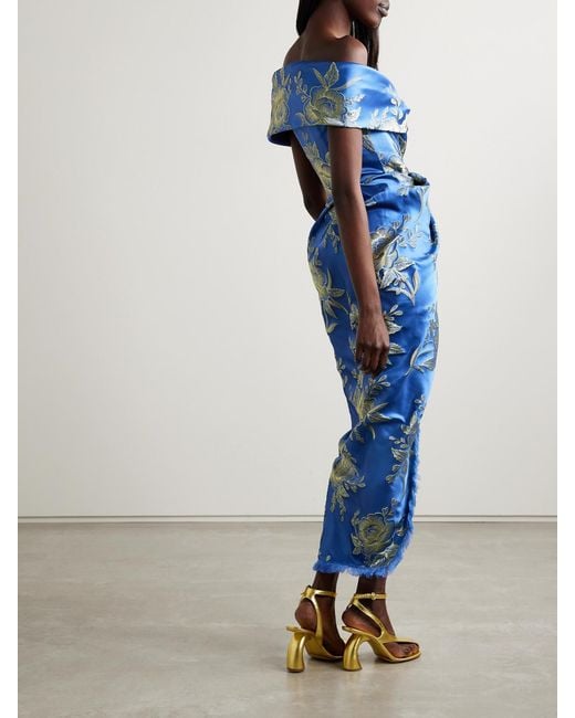 Etro Blue Off-The-Shoulder Fringed Floral-Brocade Midi Wrap Dress