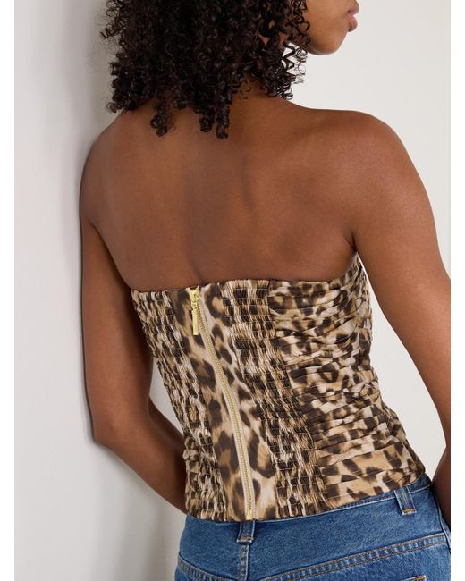 Aje. Metallic Sunbeam Strapless Ruched Leopard-Print Cotton-Poplin Top