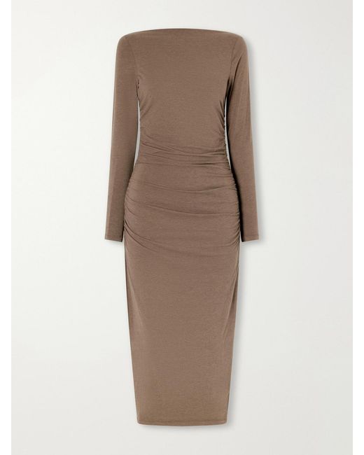 James Perse Natural Ruched Gathered Cotton-Blend Midi Dress