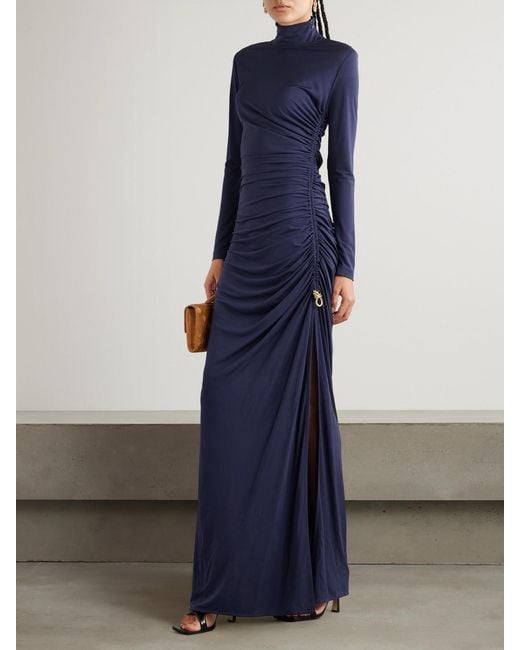 Bottega Veneta Blue Embellished Ruched Jersey Turtleneck Maxi Dress
