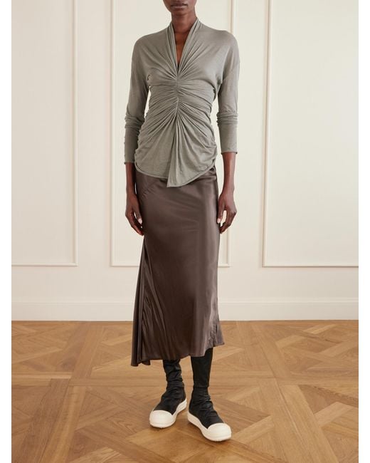 Rick Owens Brown Ribbed Jersey And Recycled-Satin Midi Skirt