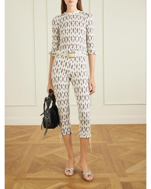 Isabel Marant White Arie Open-Back Ruffled Floral-Print Smocked Cotton Blouse