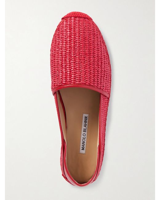 Manolo Blahnik Red Espadra Collapsible-Heel Leather-Trimmed Raffia Espadrilles