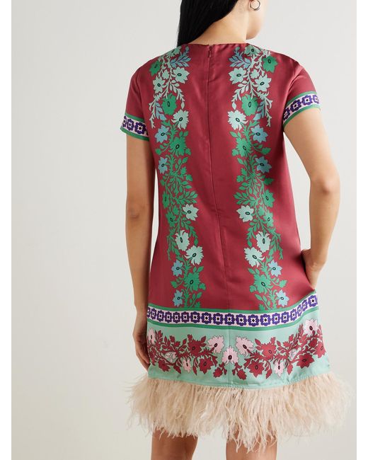 LaDoubleJ Multicolor Swing Feather-Trimmed Printed Silk-Twill Mini Dress