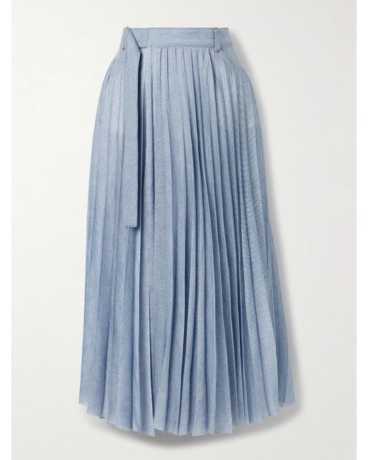 Sacai Blue Wrap-Effect Denim-Paneled Pleated Printed Crepe De Chine Midi Skirt