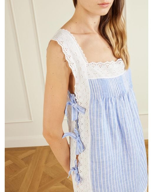 Loretta Caponi Blue Fiocchini Bow-Embellished Striped Broderie Anglaise-Trimmed Linen Mini Dress