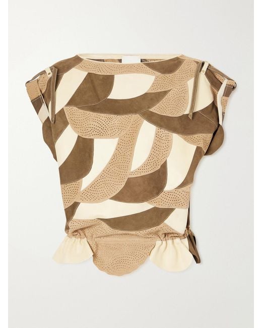Isabel Marant Natural Dalmy Gathered Patchwork Perforated Suede Top