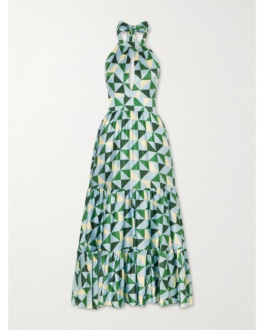 Christiano Marchelli Green Anna Printed Silk-Blend Satin Halterneck Maxi Dress