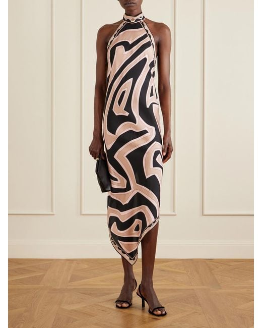 Emilio Pucci White Asymmetric Printed Silk-Twill Halterneck Dress
