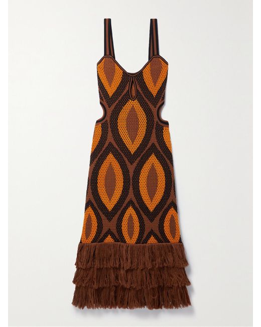 Johanna Ortiz Brown Cultural Roots Maxikleid Aus Gehäkelter Pima-Baumwolle Mit Fransen Und Cut-Outs