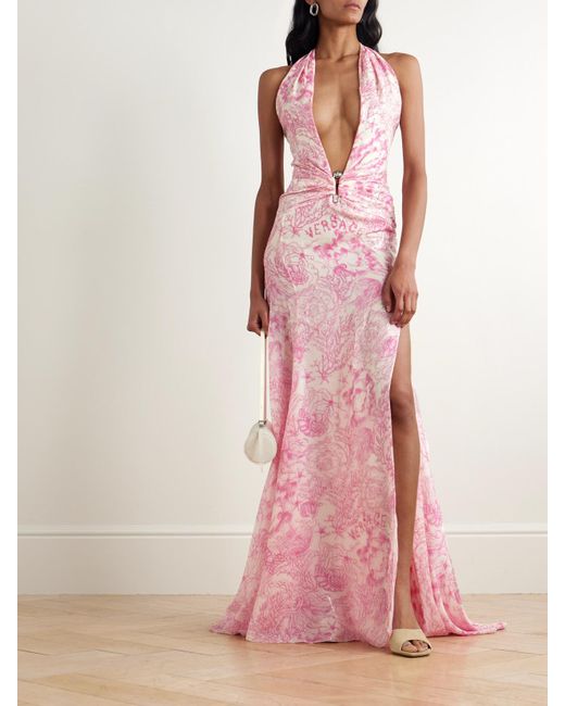 Versace Pink Embellished Metallic Printed Silk-Blend Chiffon Gown
