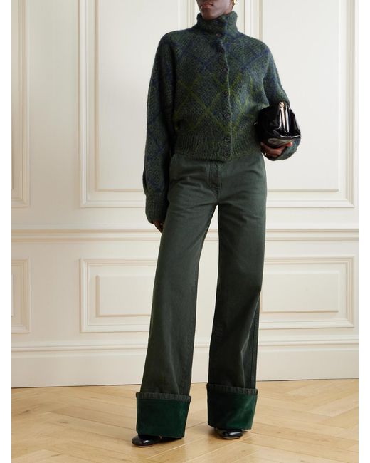 Dries Van Noten Green Velvet-Trimmed Mid-Rise Wide-Leg Jeans