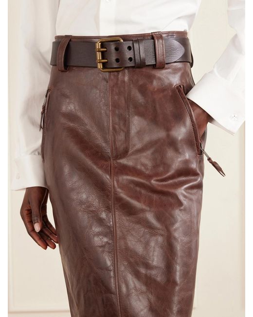 Saint Laurent Brown Belted Leather Pencil Skirt