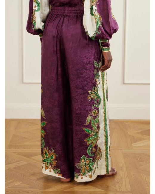ALÉMAIS Purple Ruthie Printed Satin-Jacquard Wide-Leg Pants