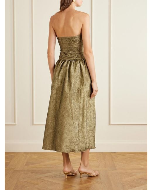 Ulla Johnson Natural Lumina Strapless Gathered Crinkled Taffeta Midi Dress