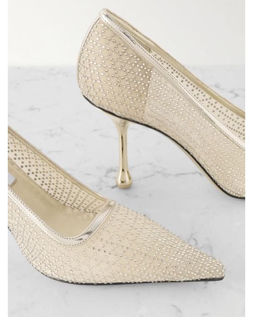 Jimmy Choo White Ixia 80 Mirrored Leather-Trimmed Crystal-Embellished Mesh Pumps