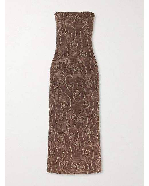 SARA CRISTINA Brown Metallic Jacquard-Knit Midi Dress