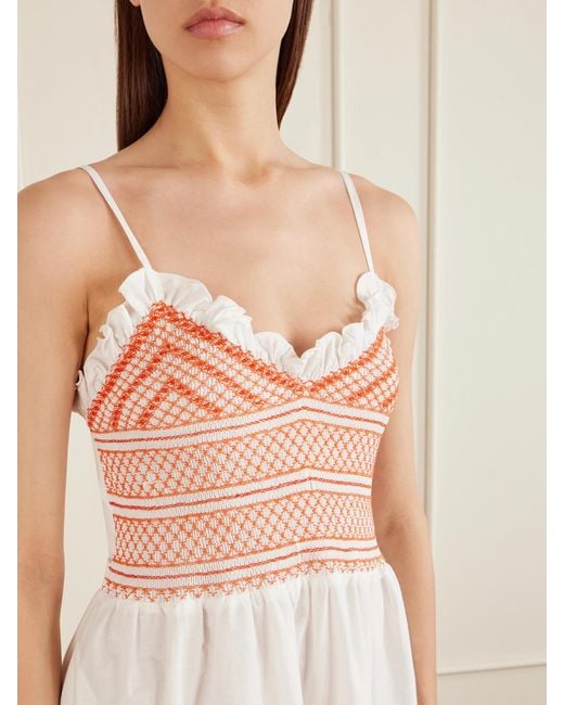 Loretta Caponi White Bianca Ruffled Emrboidered Shirred Cotton-Poplin Midi Dress