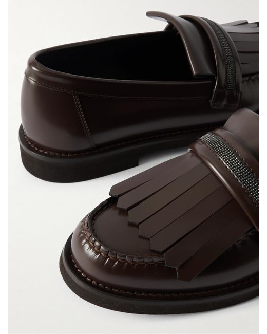 Brunello Cucinelli Black Loafers Aus Leder Mit Fransen Und Zierperlen