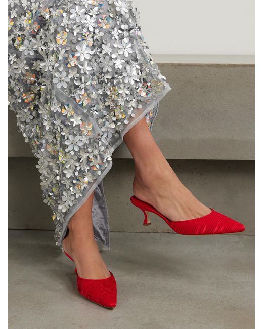 Manolo Blahnik Carolyne 50 Pleated Leather-Trimmed Satin Mules in