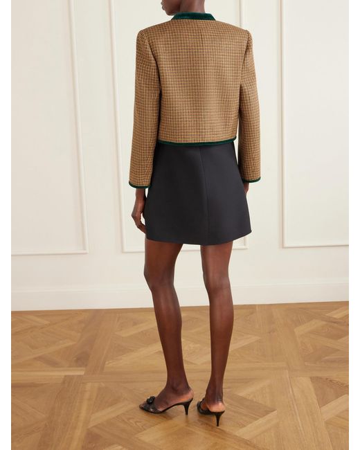 Valentino Garavani Brown Cropped Velvet-Trimmed Houndstooth Wool Jacket