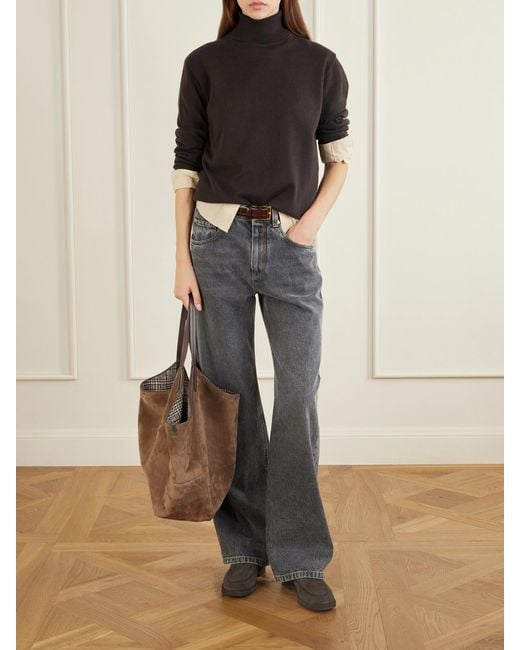 Brunello Cucinelli Brown Bead-Embellished Reversible Suede Shoulder Bag