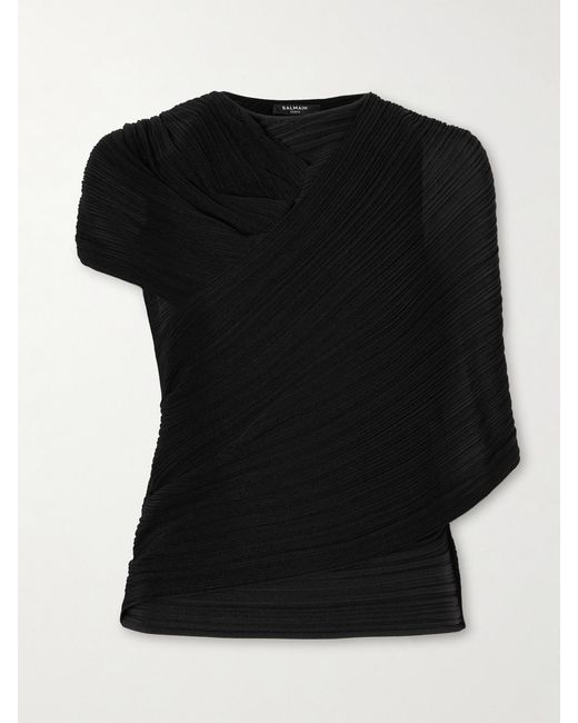 Balmain Black Draped Ribbed Jersey Blouse