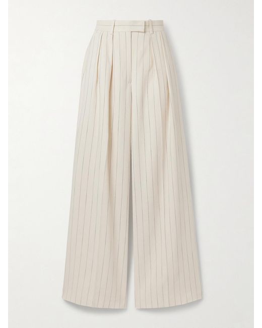 Anine Bing White Lou Pleated Pinstriped Woven Wide-Leg Pants