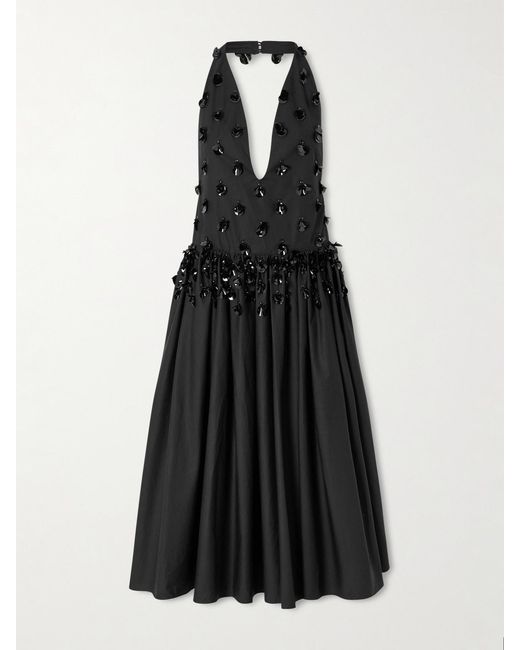 DIOTIMA Black Open-Back Embellished Pleated Cotton-Poplin Halterneck Midi Dress