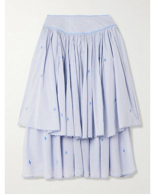 Thierry Colson Blue Constance Gathered Tiered Embroidered Cotton-Voile Midi Skirt