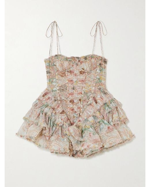 Zimmermann Natural Rebellion Bead-Embellished Ruffled Printed Silk Mini Dress