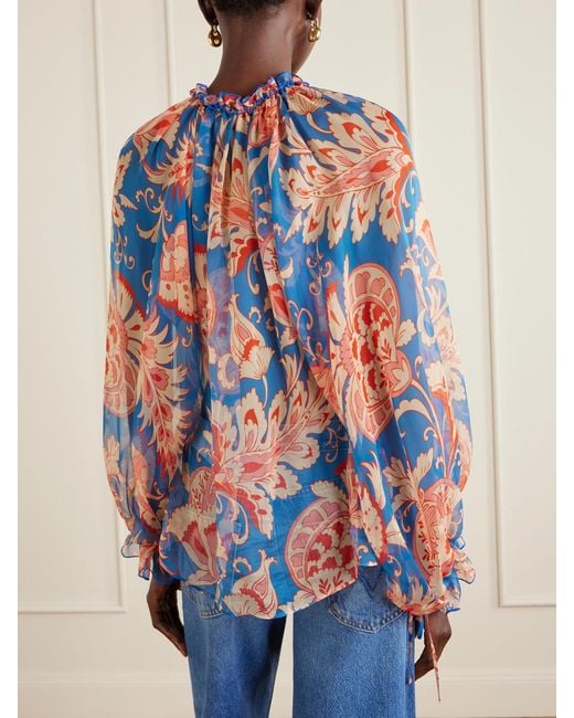 Etro White Floral-Print Silk-Chiffon Peplum Blouse