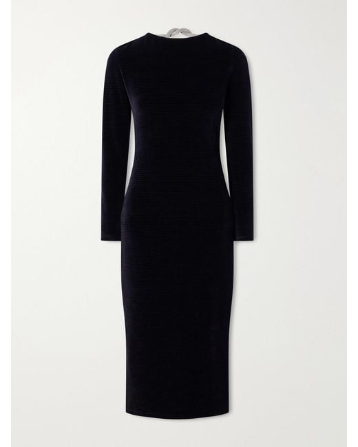 Balmain Black Open-Back Embellished Cotton-Blend Velvet Midi Dress